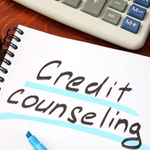 Handwritten 'Credit counseling' on spiral notebook & calculator on wooden surface.