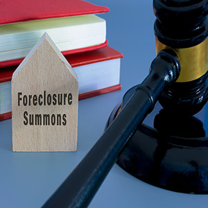 Wooden house model with "Foreclosure Summons" text next to a judge's gavel and law books. 